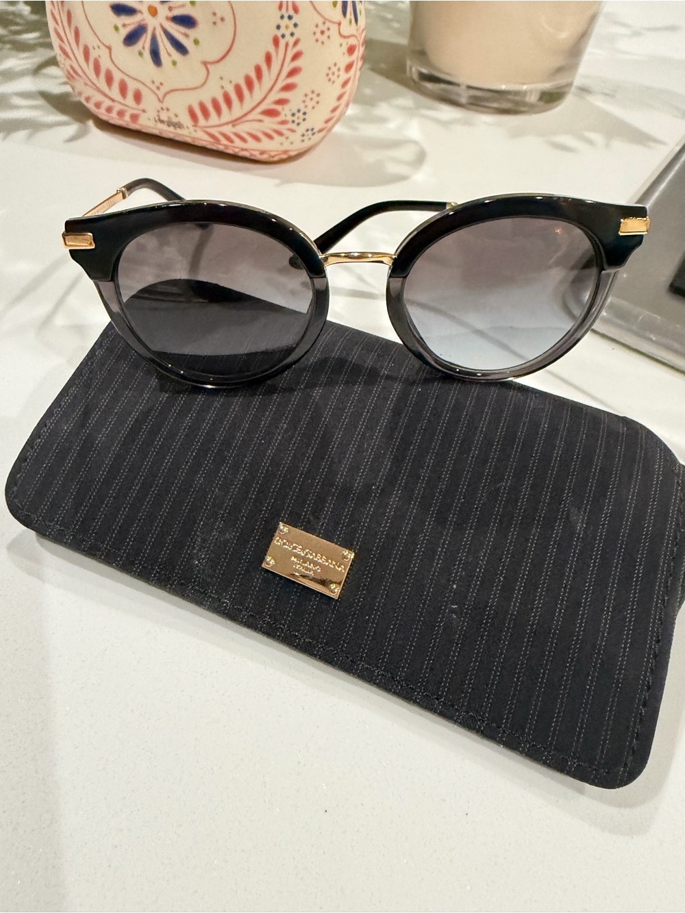 Dolce Gabbana Black Round Sunglasses with Gold Accents - Designer Plaque Case